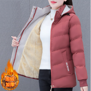 Women's winter cotton jacket with hood, fleece-lined and thickened, slim-fit mid-length coat for middle-aged and elderly mothers
